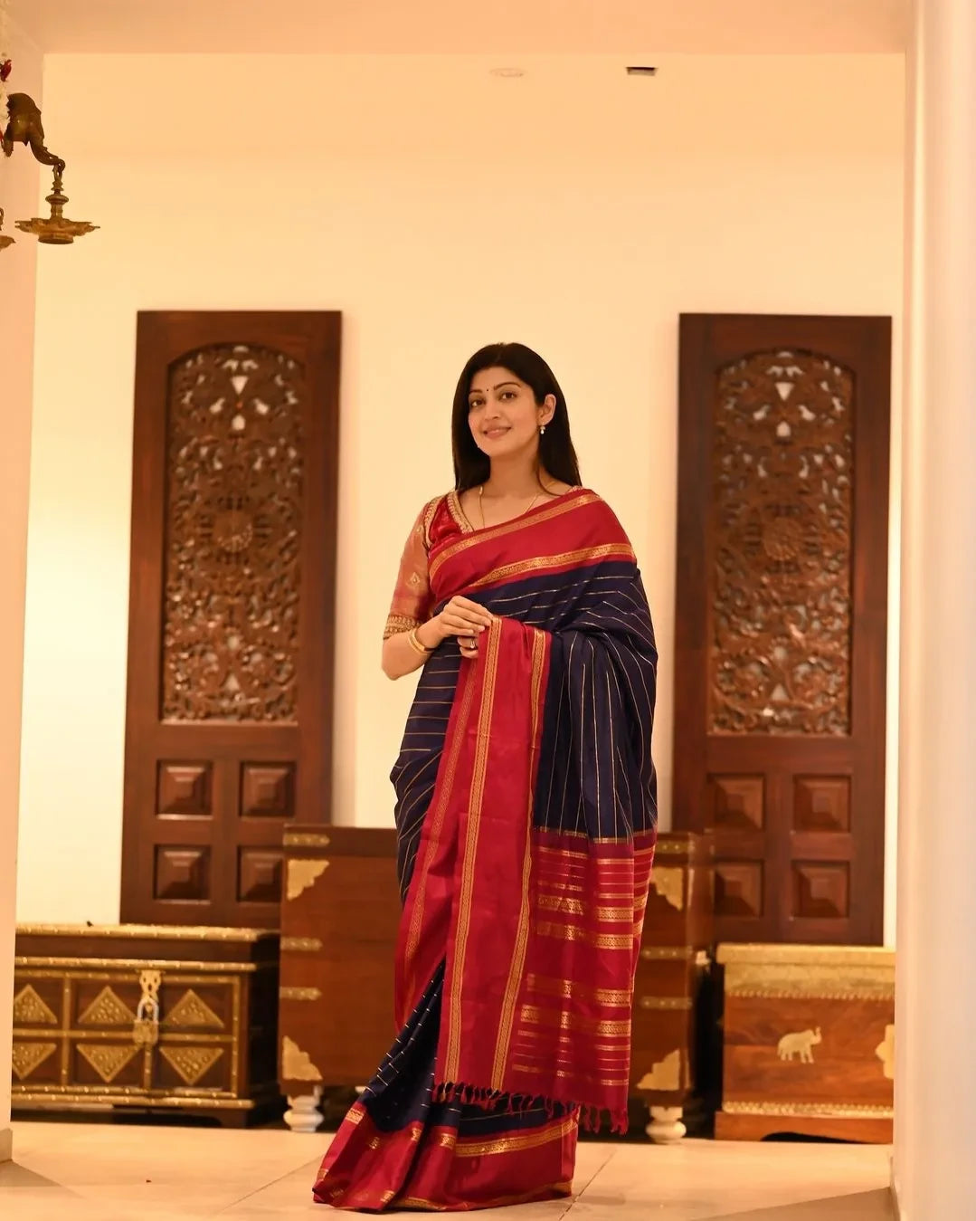 Angelic Navy Blue Soft Silk Saree With Diaphanous Blouse Piece