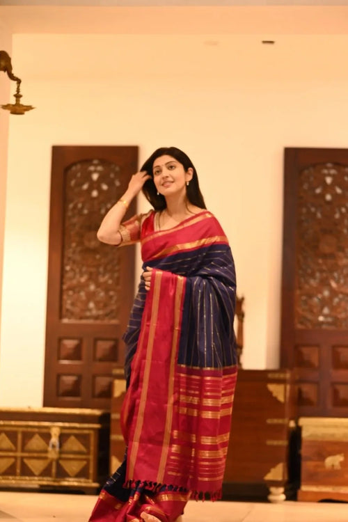 Load image into Gallery viewer, Angelic Navy Blue Soft Silk Saree With Diaphanous Blouse Piece
