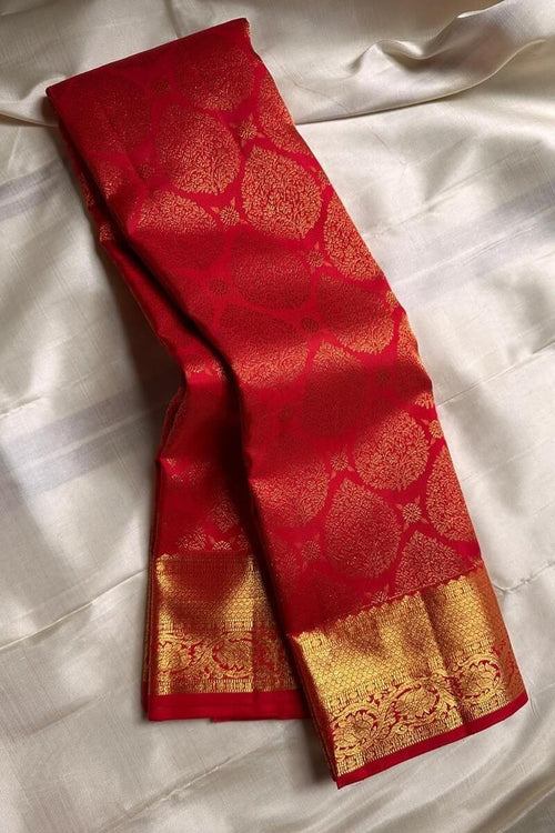 Load image into Gallery viewer, Skinny Red Soft Banarasi Silk Saree With Precious Blouse Piece
