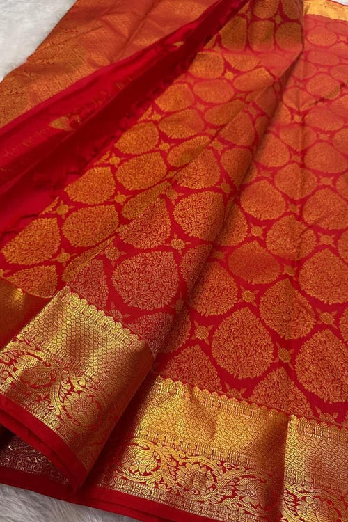 Load image into Gallery viewer, Skinny Red Soft Banarasi Silk Saree With Precious Blouse Piece
