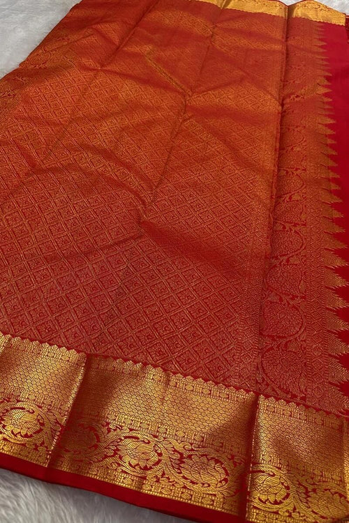 Load image into Gallery viewer, Skinny Red Soft Banarasi Silk Saree With Precious Blouse Piece
