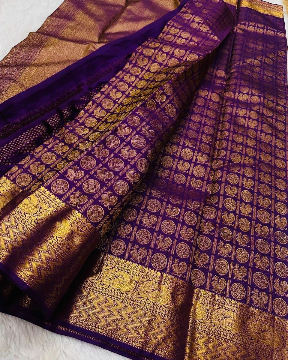 Designer Purple Soft Banarasi Silk Saree With Groovy Blouse Piece