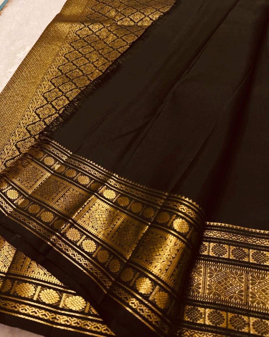 Petrichor Black Soft Banarasi Silk Saree With Delectable Blouse Piece