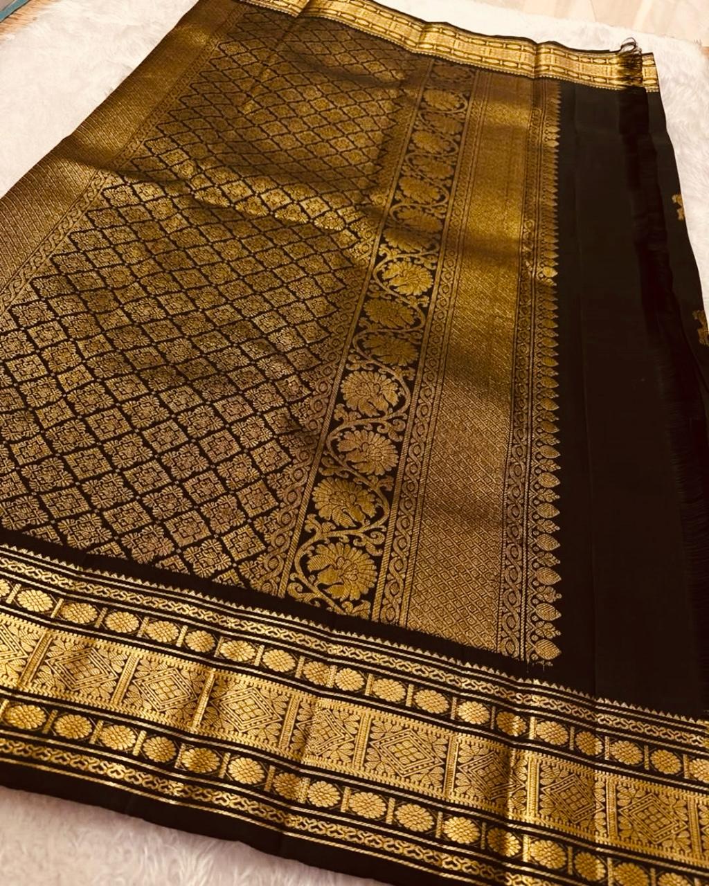 Petrichor Black Soft Banarasi Silk Saree With Delectable Blouse Piece