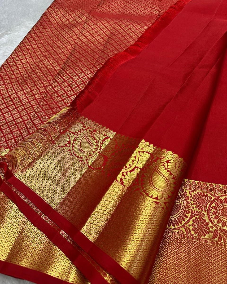 Assemblage Red Soft Banarasi Silk Saree With Delightful Blouse Piece