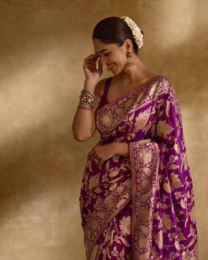 Elaborate Purple Soft Silk Saree With Luxuriant Blouse Piece