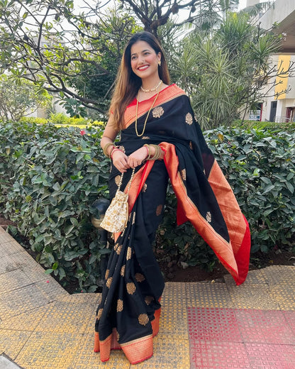 Lovely Black Soft Banarasi Silk Saree With Flattering Blouse Piece