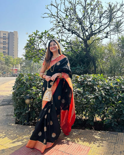 Lovely Black Soft Banarasi Silk Saree With Flattering Blouse Piece