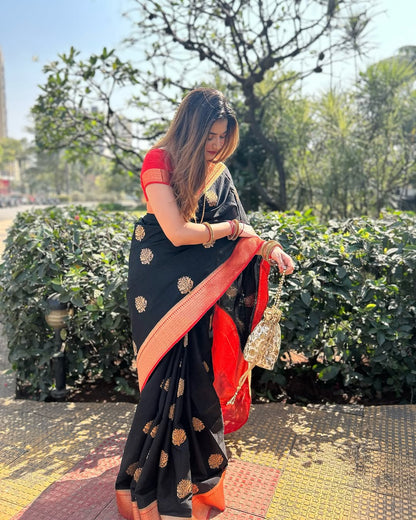 Lovely Black Soft Banarasi Silk Saree With Flattering Blouse Piece