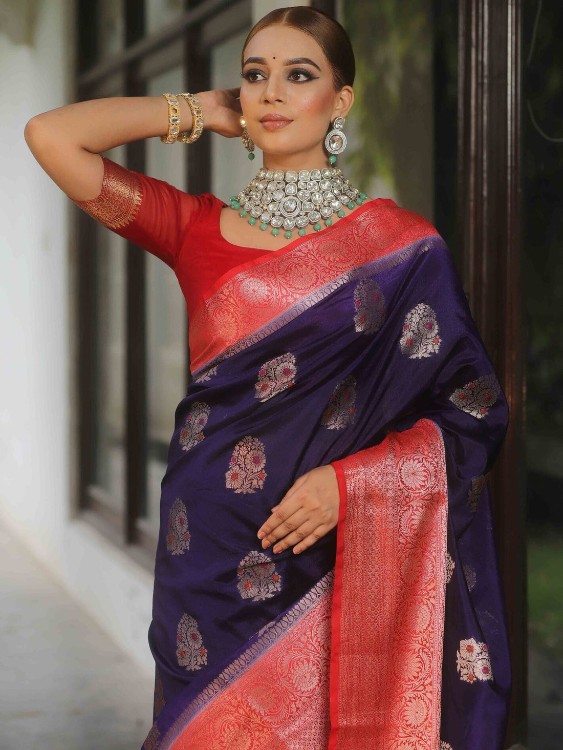 Embrocation Navy Blue Soft Silk Saree With Glowing Blouse Piece