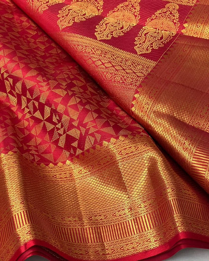 Captivating Red Soft Banarasi Silk Saree With Prodigal Blouse Piece