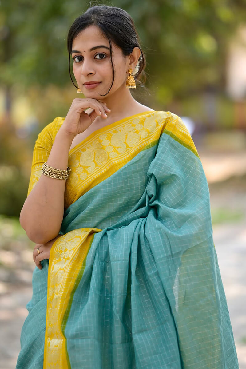Ebullience Firozi Soft Silk Saree With Artistic Blouse Piece