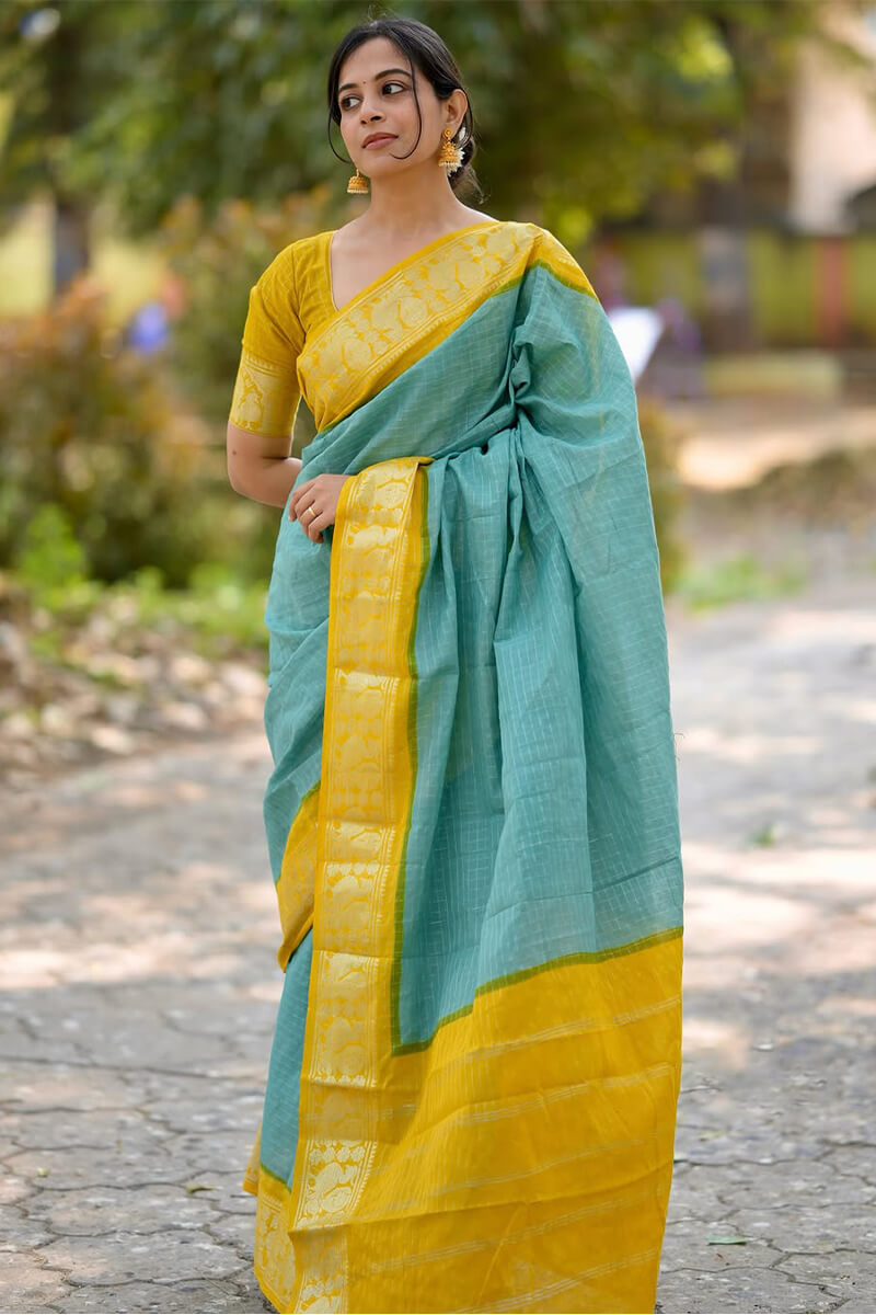 Ebullience Firozi Soft Silk Saree With Artistic Blouse Piece