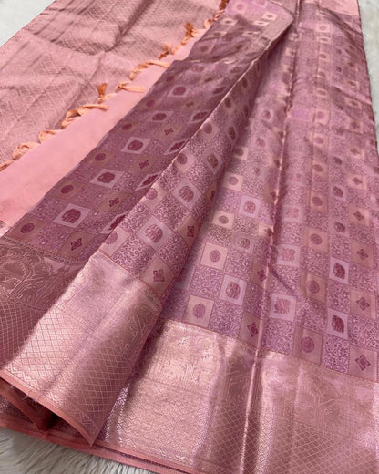 Innovative Baby Pink Soft Silk Saree With Vestigial Blouse Piece