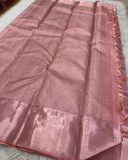 Innovative Baby Pink Soft Silk Saree With Vestigial Blouse Piece
