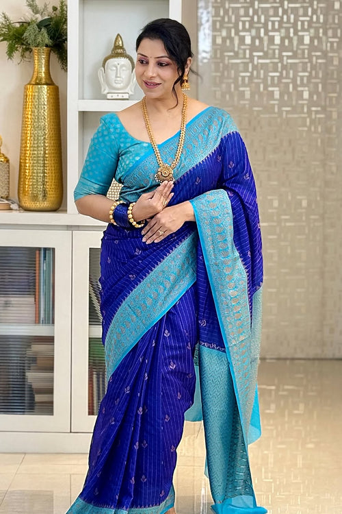 Load image into Gallery viewer, Skinny Blue Soft Silk Saree With Designer Blouse Piece
