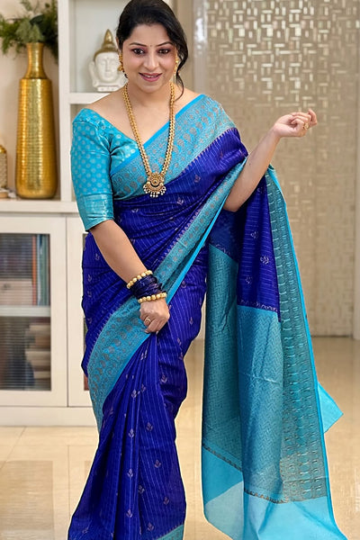 Skinny Blue Soft Silk Saree With Designer Blouse Piece
