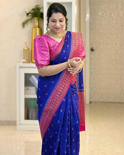Magnetic Blue Soft Silk Saree With Embellished Blouse Piece