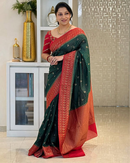 Enamoring Dark Green Soft Silk Saree With Jazzy Blouse Piece