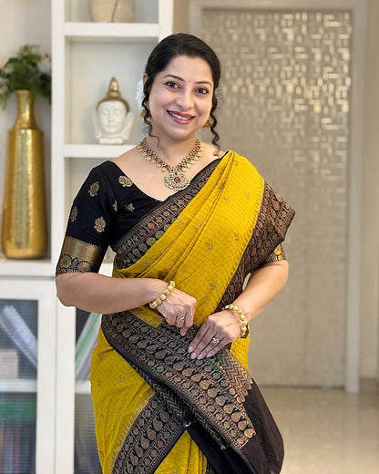Seraphic Yellow Soft Silk Saree With Susurrous Blouse Piece