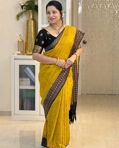 Seraphic Yellow Soft Silk Saree With Susurrous Blouse Piece