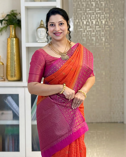 Rhapsodic Orange Soft Silk Saree With Dulcet Blouse Piece