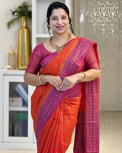 Rhapsodic Orange Soft Silk Saree With Dulcet Blouse Piece