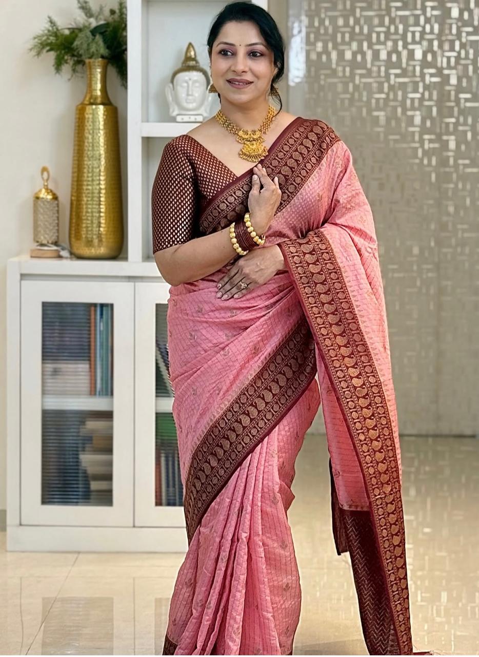 Fantabulous Pink Soft Silk Saree With Attractive Blouse Piece