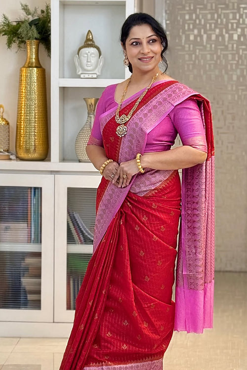 Load image into Gallery viewer, Eclat Red Soft Silk Saree With Blooming Blouse Piece
