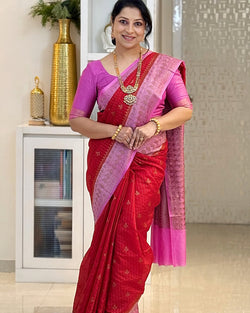 Eclat Red Soft Silk Saree With Blooming Blouse Piece