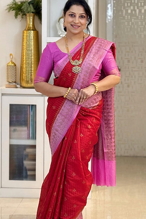 Load image into Gallery viewer, Eclat Red Soft Silk Saree With Blooming Blouse Piece
