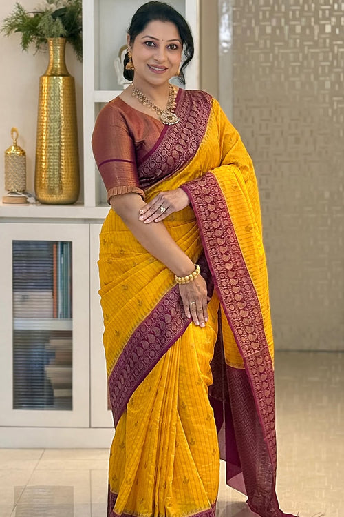 Load image into Gallery viewer, Adorning Yellow Soft Silk Saree With Unique Blouse Piece
