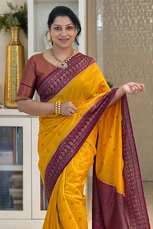 Load image into Gallery viewer, Adorning Yellow Soft Silk Saree With Unique Blouse Piece
