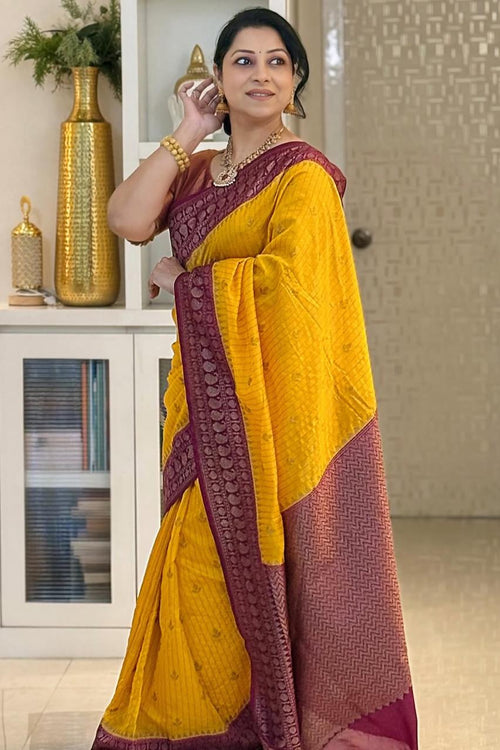 Load image into Gallery viewer, Adorning Yellow Soft Silk Saree With Unique Blouse Piece
