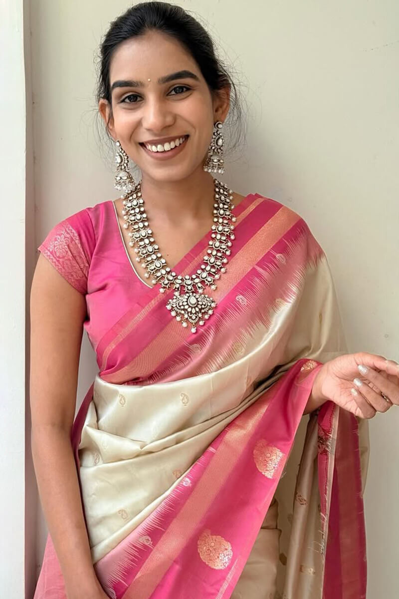 Cynosure Biege Soft Silk Saree With Delightful Blouse Piece