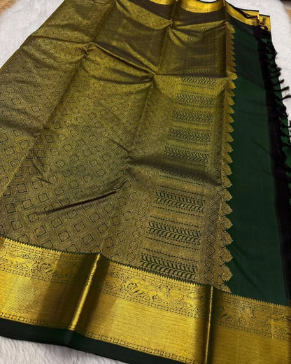 Desirable Dark Green Soft Banarasi Silk Saree With Whimsical Blouse Piece