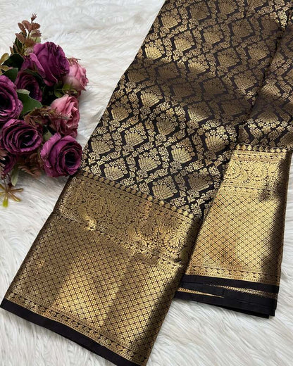 Sizzling Black Soft Banarasi Silk Saree With Alluring Blouse Piece