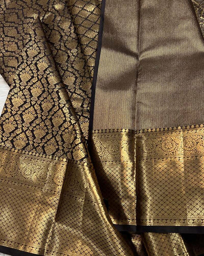 Sizzling Black Soft Banarasi Silk Saree With Alluring Blouse Piece