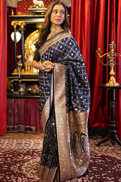 Load image into Gallery viewer, Exemplary Navy Blue Soft Banarasi Silk Saree With Panoply Blouse Piece

