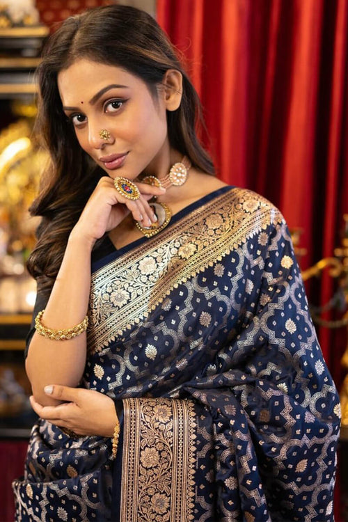 Load image into Gallery viewer, Exemplary Navy Blue Soft Banarasi Silk Saree With Panoply Blouse Piece
