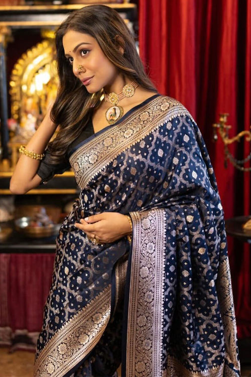 Load image into Gallery viewer, Exemplary Navy Blue Soft Banarasi Silk Saree With Panoply Blouse Piece
