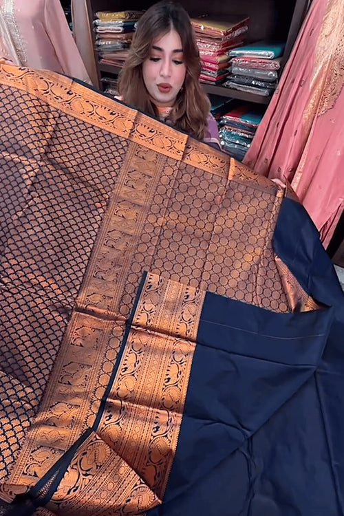 Load image into Gallery viewer, Surreptitious Navy Blue Soft Banarasi Silk Saree With Unique Blouse Piece
