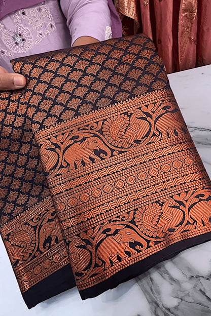 Surreptitious Navy Blue Soft Banarasi Silk Saree With Unique Blouse Piece