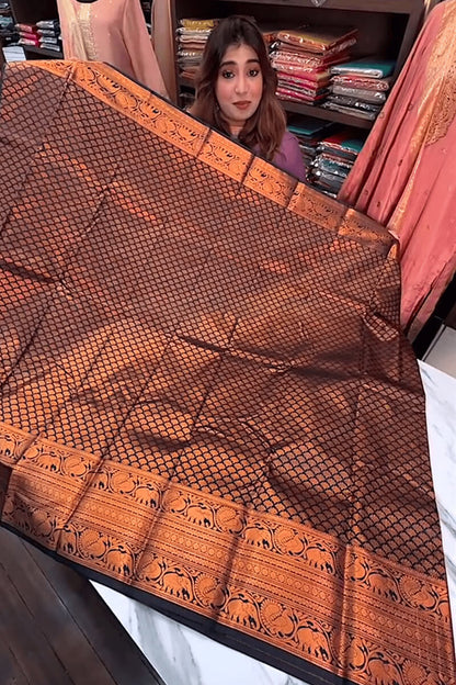 Surreptitious Navy Blue Soft Banarasi Silk Saree With Unique Blouse Piece