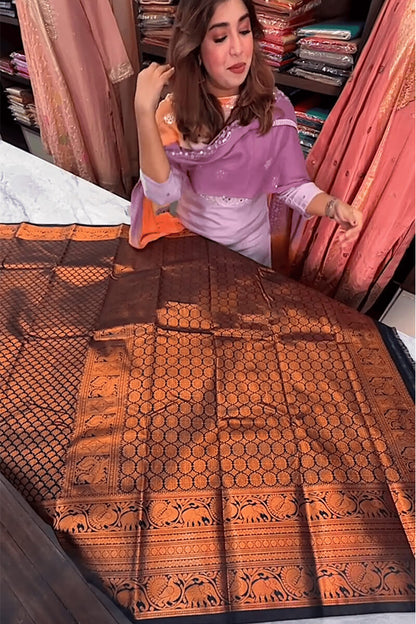 Surreptitious Navy Blue Soft Banarasi Silk Saree With Unique Blouse Piece