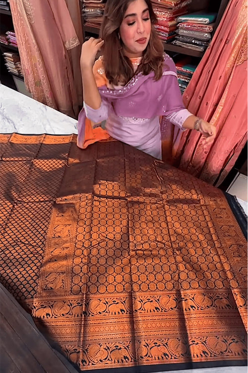 Load image into Gallery viewer, Surreptitious Navy Blue Soft Banarasi Silk Saree With Unique Blouse Piece
