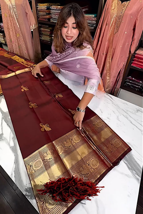 Load image into Gallery viewer, Enthralling Wine Soft Banarasi Silk Saree With Petrichor Blouse Piece
