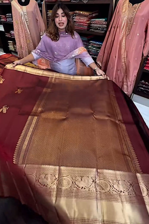 Load image into Gallery viewer, Enthralling Wine Soft Banarasi Silk Saree With Petrichor Blouse Piece
