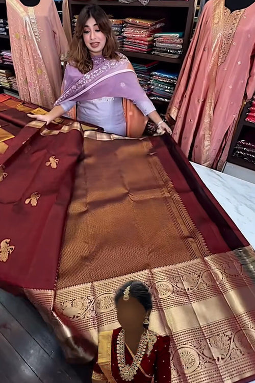 Load image into Gallery viewer, Enthralling Wine Soft Banarasi Silk Saree With Petrichor Blouse Piece
