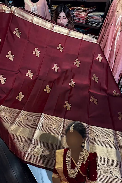 Load image into Gallery viewer, Enthralling Wine Soft Banarasi Silk Saree With Petrichor Blouse Piece
